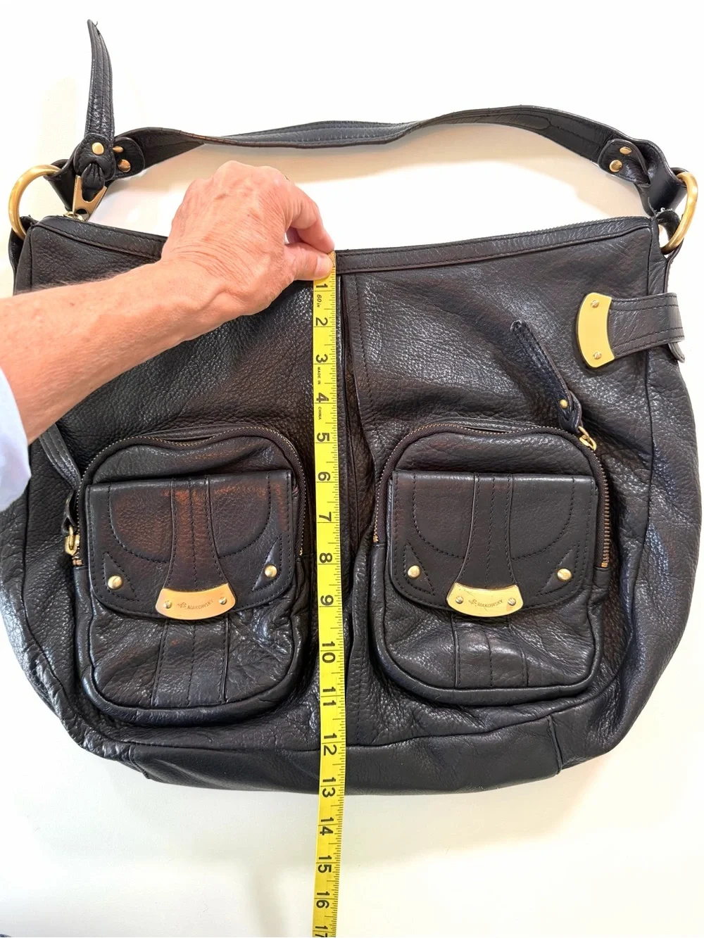 B Makowsky Black Pebbled Leather Slouchy Hobo Bag Gold Cargo Pockets